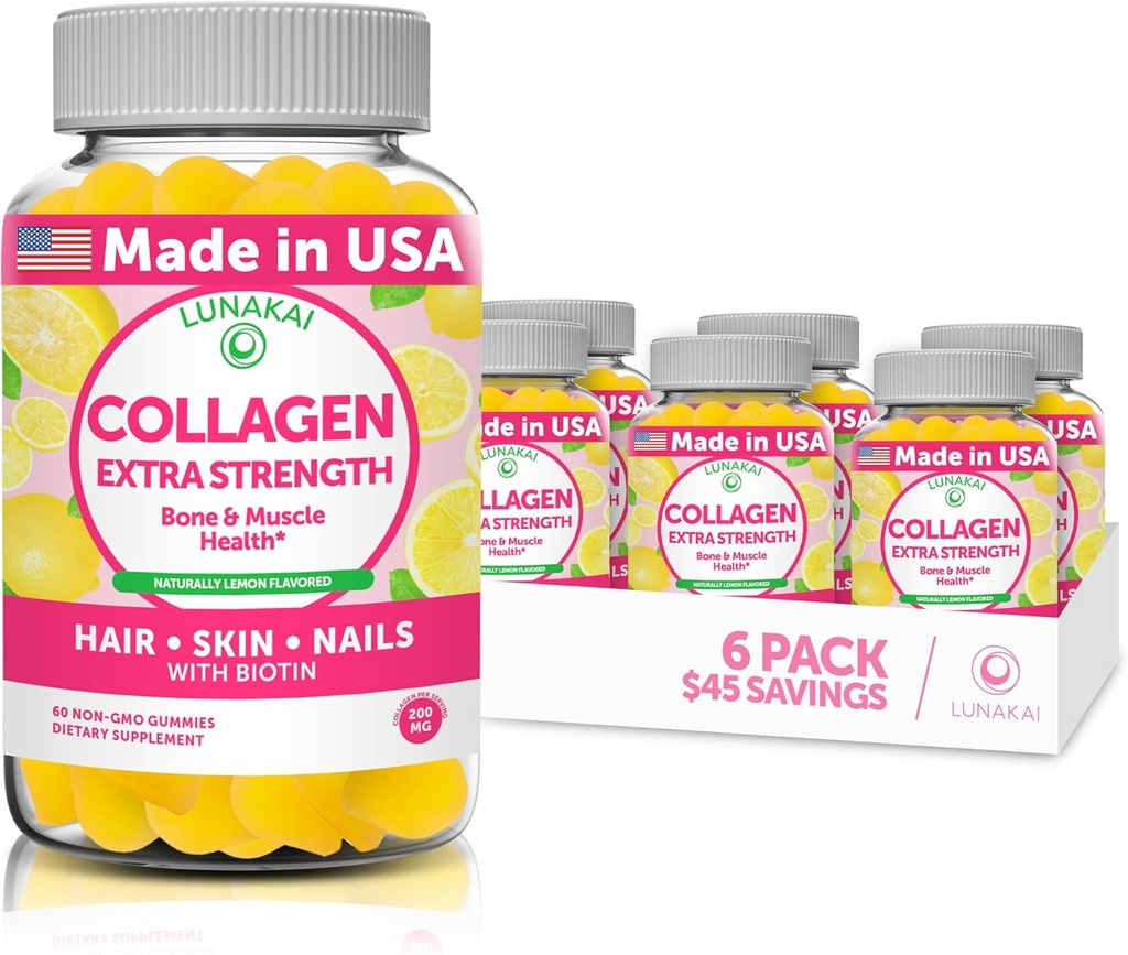 Lunakai Collagen Gummys - 最便宜的专有配方 - 200mg 水解Collagen Gummys 供有生物锡、锌、维生素C和E的妇女和男子使用 -- -- 非GMO 妇女抗衰老补充剂 -- -- 6包