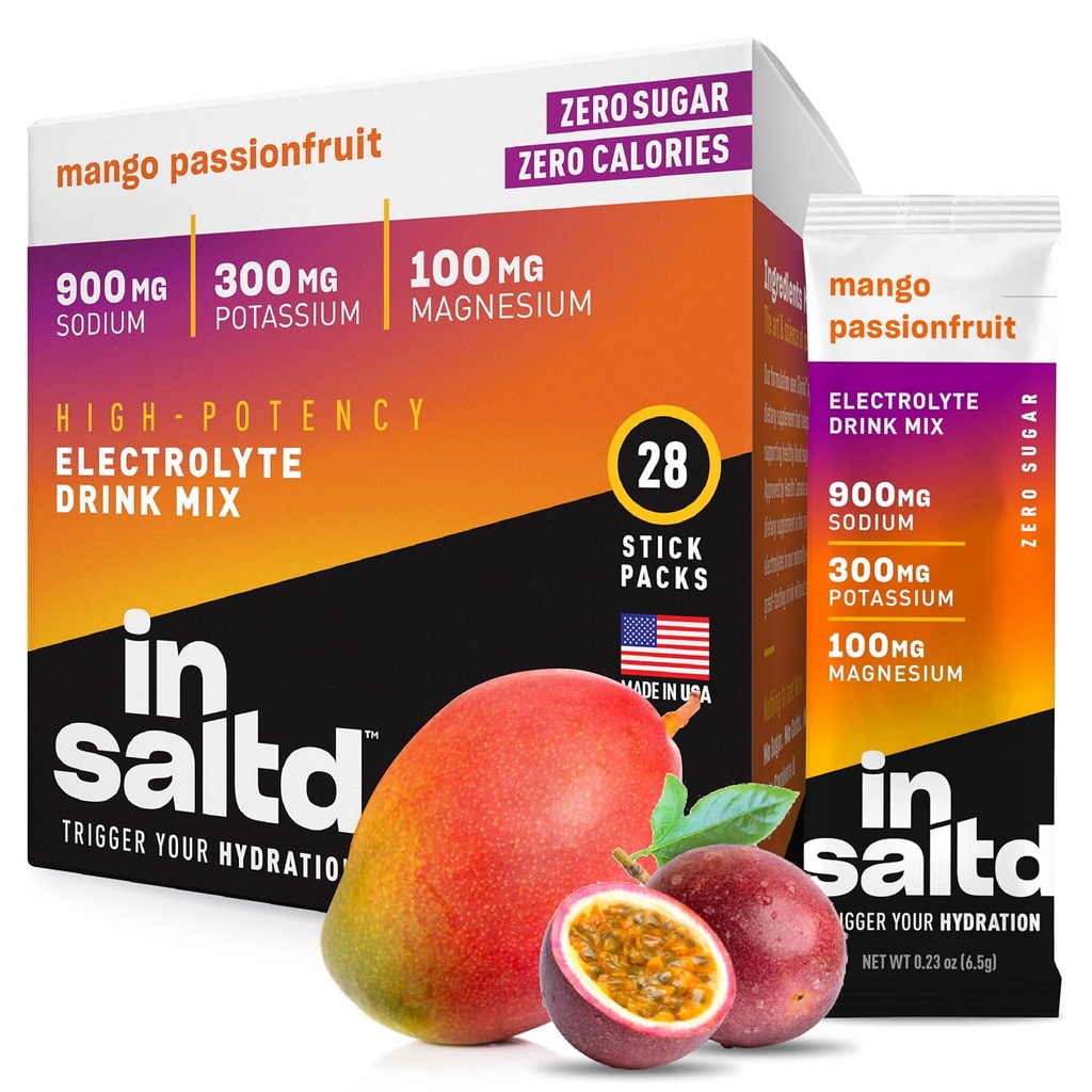 INSALTDTM 糖自由电解片 粉末包 无Stevia Aftertaste QQ 高压水解包 Keto 电解饮料 中继快餐 混合饮料 28 Pack(芒果 Passione果)