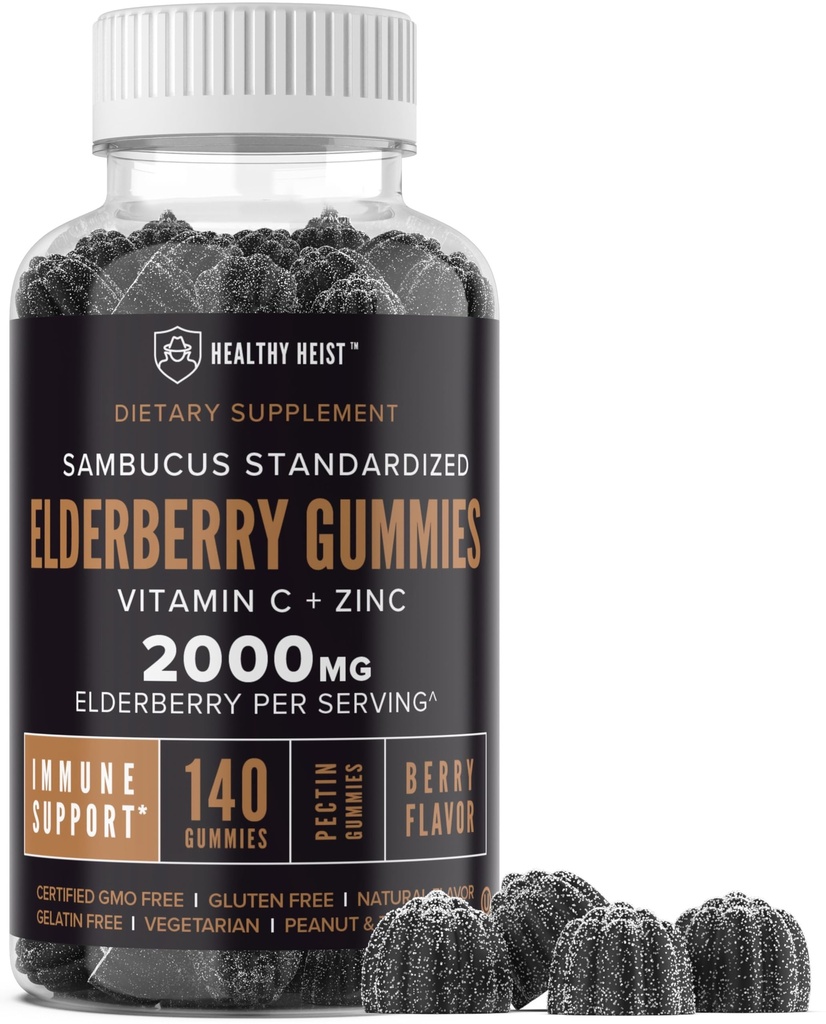 配有锌和维生素C的Sambucus Black Elderberry Gummys, 140 Gummys, 对成人和孩子的可口食品支持, 非转基因生物, Kosher, Pectin, Vegan, 美味的Berry Flavor