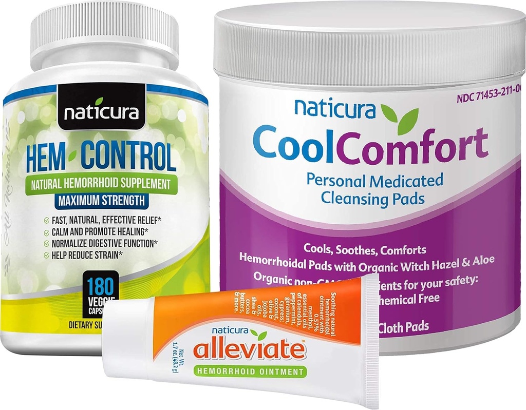 Bundle - 缓解天然出血休眠药膏, Hem-control天然出血休眠药补充剂(180 Counter),以及CoolComfort个人清洁垫(100 Counter) - 全自然,快速代理