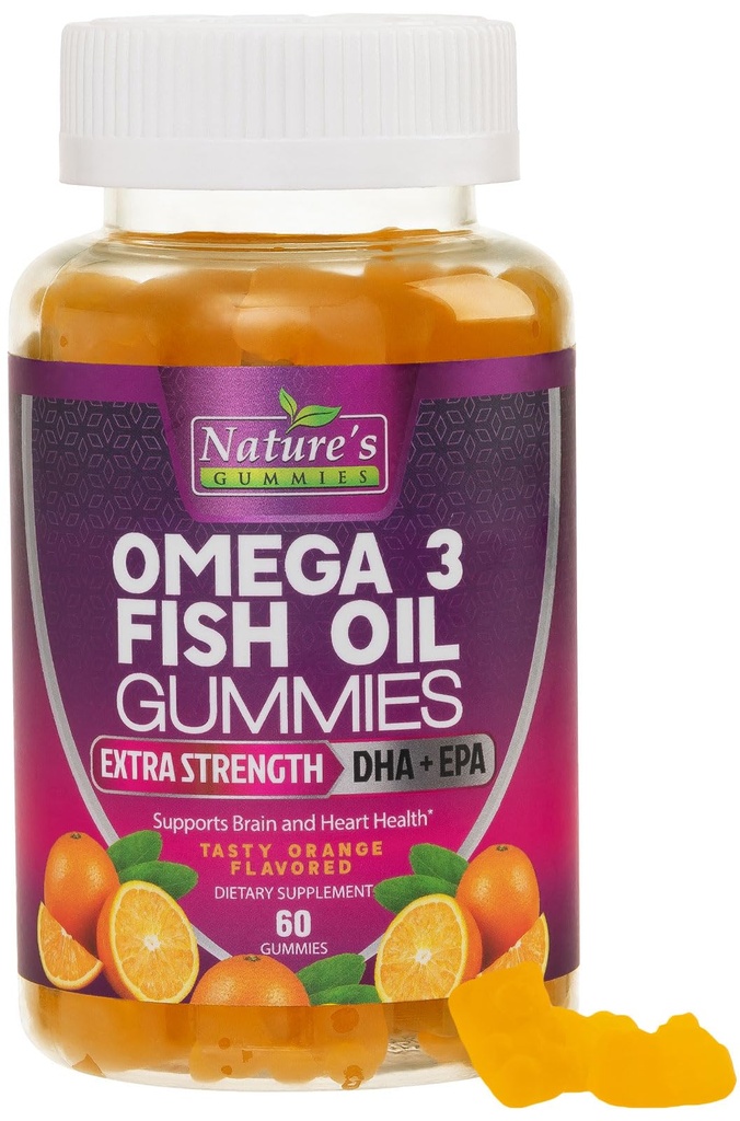 Omega 3 Fish Oil Gummys, 心脏健康 Omega 3 Gummy 配有高吸附性 DHA & EPA, 超强联合和大脑支持, 美味的橙花鱼油自然维生素 - 60 Gummys