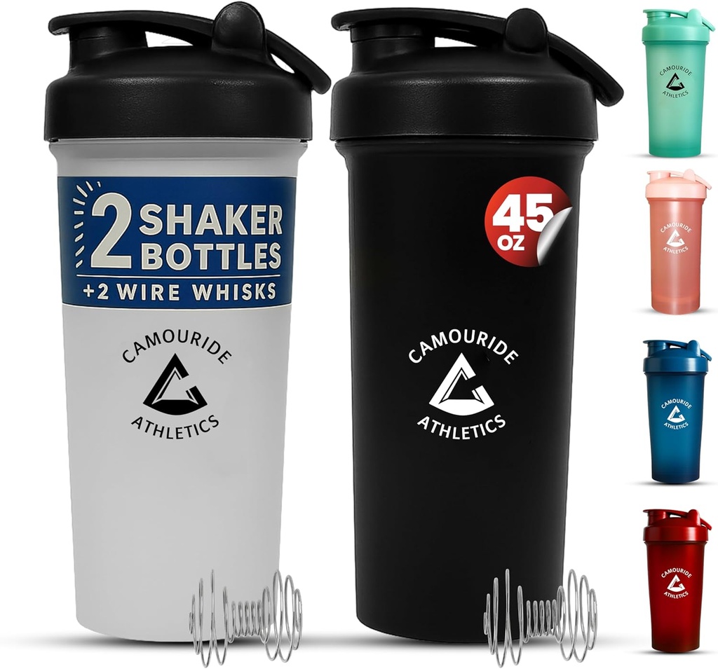 2 Pack 45 oz 蛋白质摇瓶 配有线威斯克 – BPA-无线, 液泡摇瓶杯 配有蛋白质摇瓶和滑块 – 大型塑料混合瓶 – 经典白和午夜黑