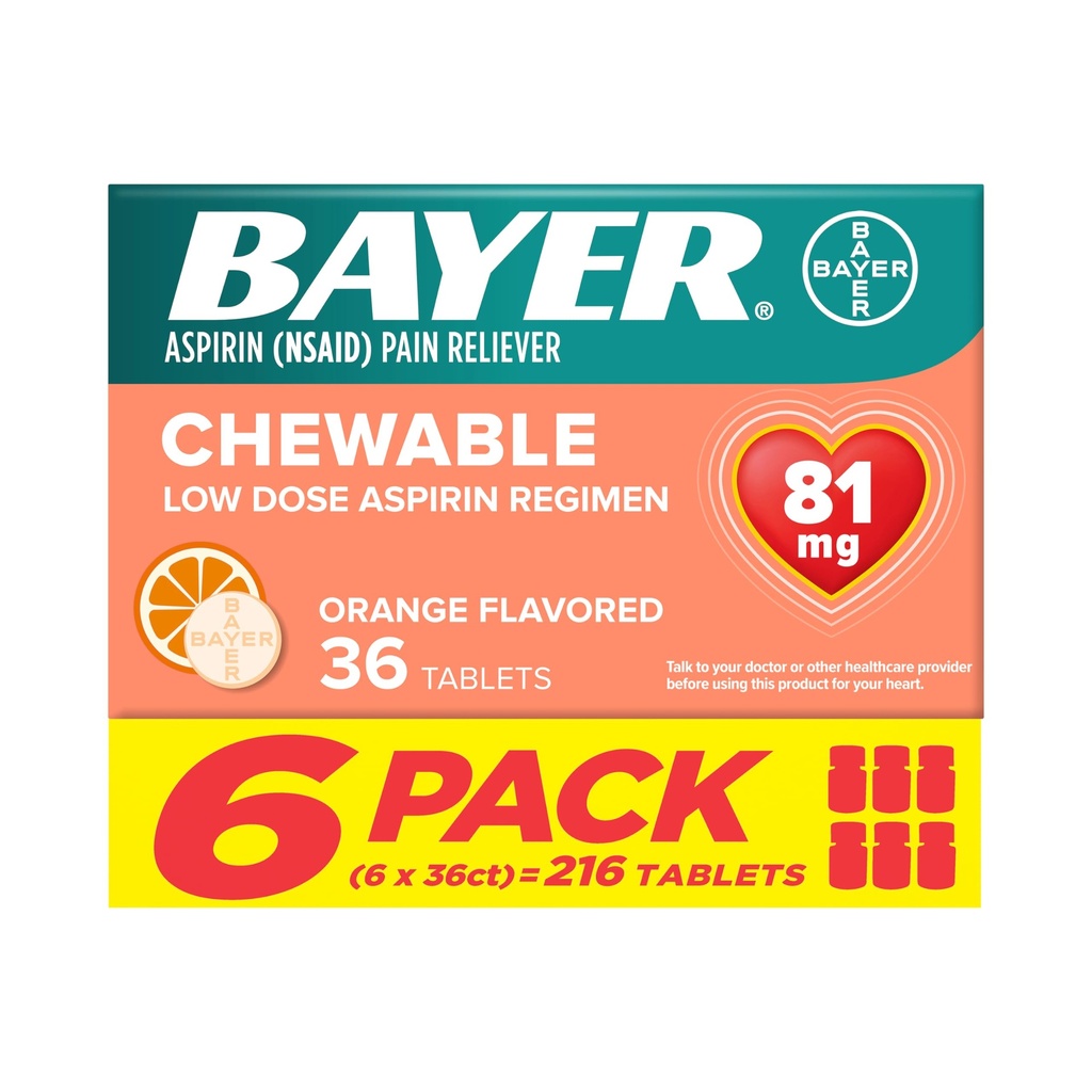 Bayer Aspirin 低剂量 81 mg 可切片, 疼痛解脱剂, 橙色裂片, 216 片 (6包)