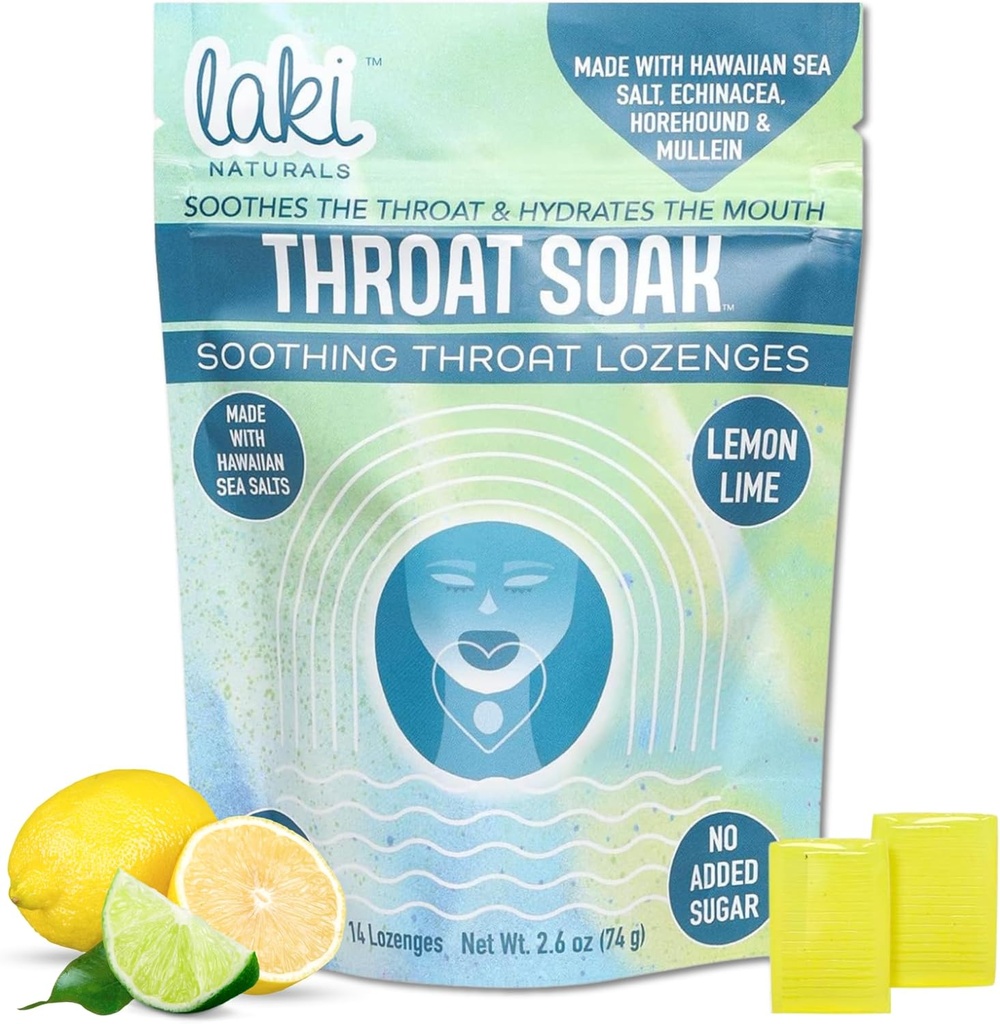 Laki Naturals Throat Soak Herbal Throat Lozenges (14 Ct) – 夏威夷海盐酸盐和干嘴酥滴 – Vegan, N-GMO,无糖和无胶 甜和盐 Herbal Candies