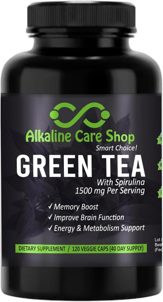 Alkaline Care - 绿茶与Spiruina 提取 1500mg - 高吸附 超强吸附 绿茶与Spiruina - 绿茶换能源和代谢支持 Capsules - 120 Capsules