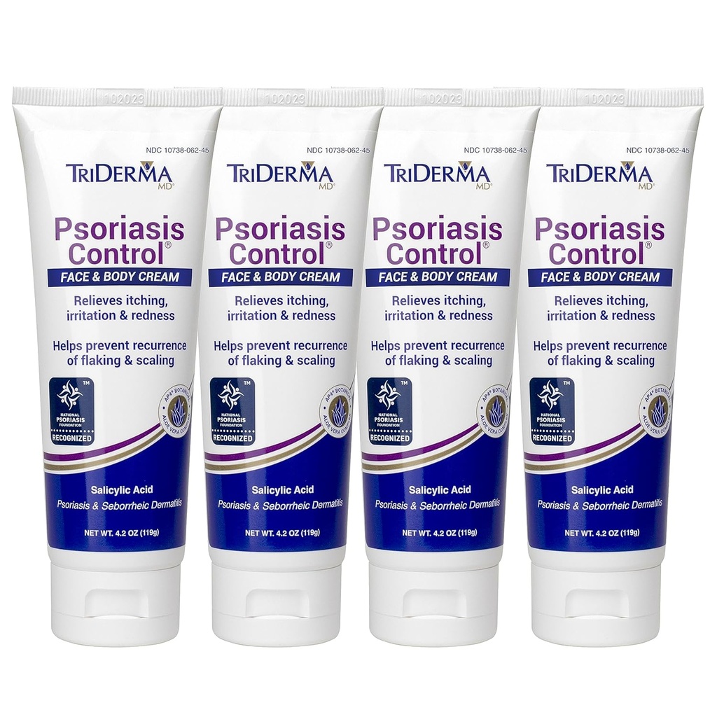 TriDerma Psorias Control Face & Body Cream - 最大强度 3% 盐碱酸,AP4 Aloe Vera Gel,Urea Cream - 外摩擦处理,无克脱松或煤塔 - FSA 合格 - 4.2 oz, 4Pack