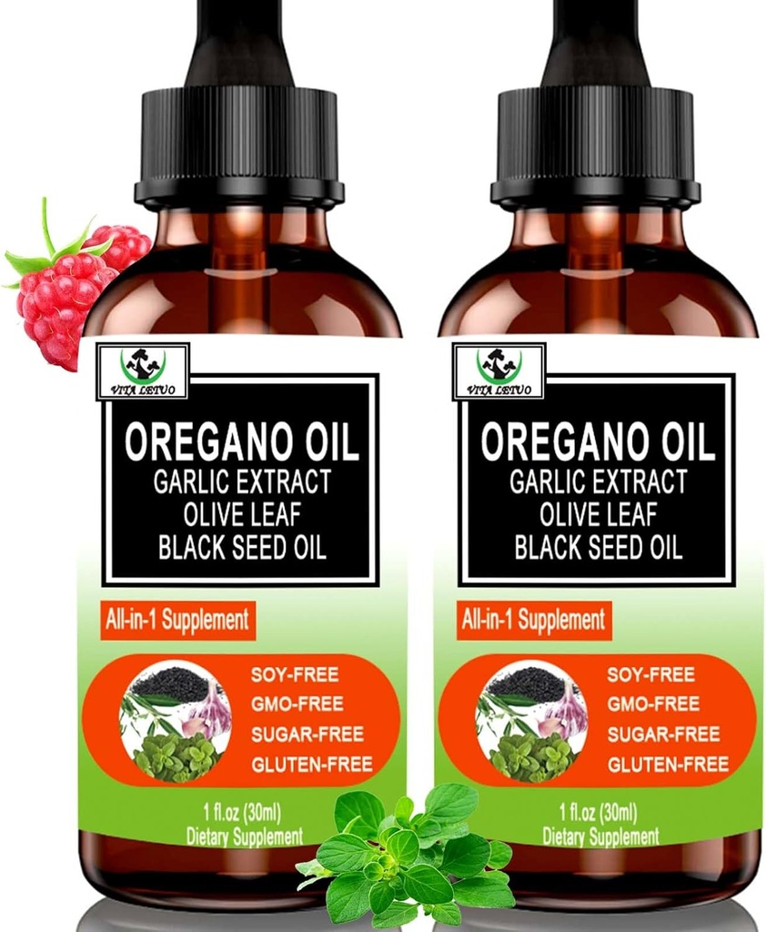 (2包) Oregano有机油,含黑种子油用于免疫,Digestive Supports & Antioxidant, w/Garlic 老年莓季节性支持 6X 吸附液 Oregano Drops