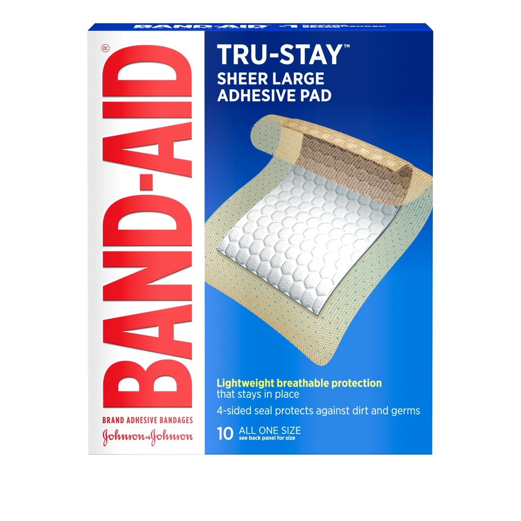 Band-Aid Brand Tru- stay Adhesive Pades, Stile Sheer Bandages for First Aid & Wound Care, Pad Covers and Protects 小剪辑,碎屑和烧伤,轻量级,大尺寸,10个计数