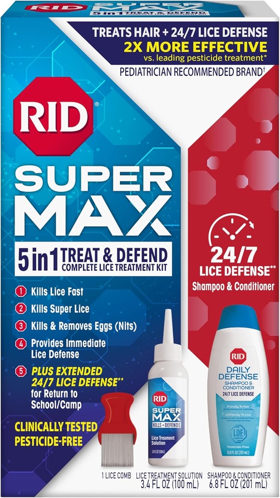 RID Super Max Lice 处理工具,杀虱和Super Lice & Eggs + 24/7 Lice Defense,无农药,3.4 FL OZ 溶液+ 6.8 FL OZ Daily Defense Shampoo & Contitioner + Nit Remove Comb