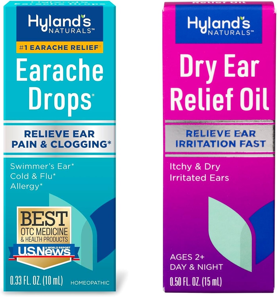 Hyland的Earache的包架 0.33 Fl Oz和干耳救济油,Relieve Ear 刺激快,用于痒和干燥刺激耳,2岁及以上,昼夜滴,0.5 Ounce