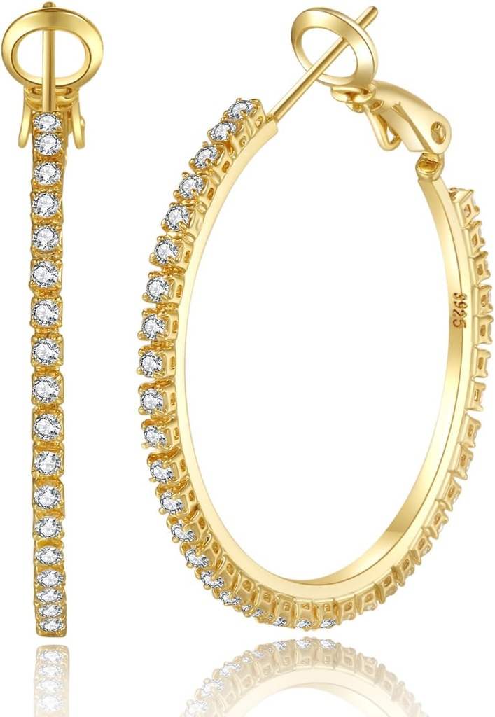 PABBEU 2mm 925 Sterling Silver Earrings Big Sterling Sterling Silver Hoop Earrings 女子大型莱茵斯通 Hoop Earrings 女子小型假体增生菌 30/40/50/60/70毫米口径