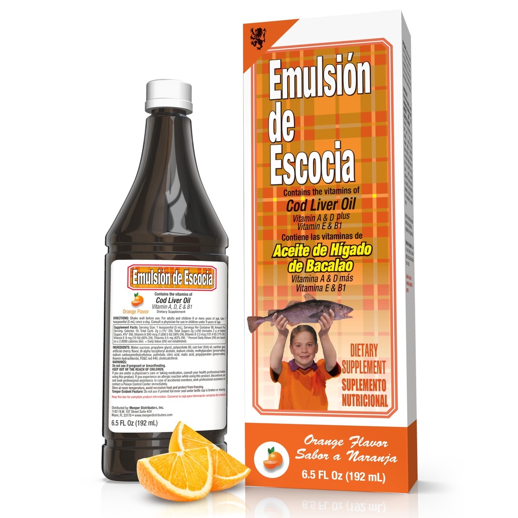 EMULSION DE ESCOCIA Cod Liver Oil, Orange Flavor, 6.5 fl oz (1 Pack) – 鱼油含维生素A, D, E, B1, Omega-3 用于Imune和Bone健康,儿童与成人