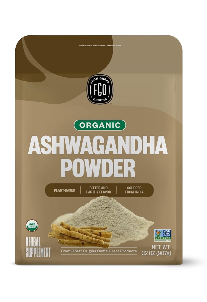FGO 有机Ashwagandha 根粉,32oz 可贮性散装袋,非GMO,印度金森,Withania Somnifera,来源于印度(Pack of 1)
