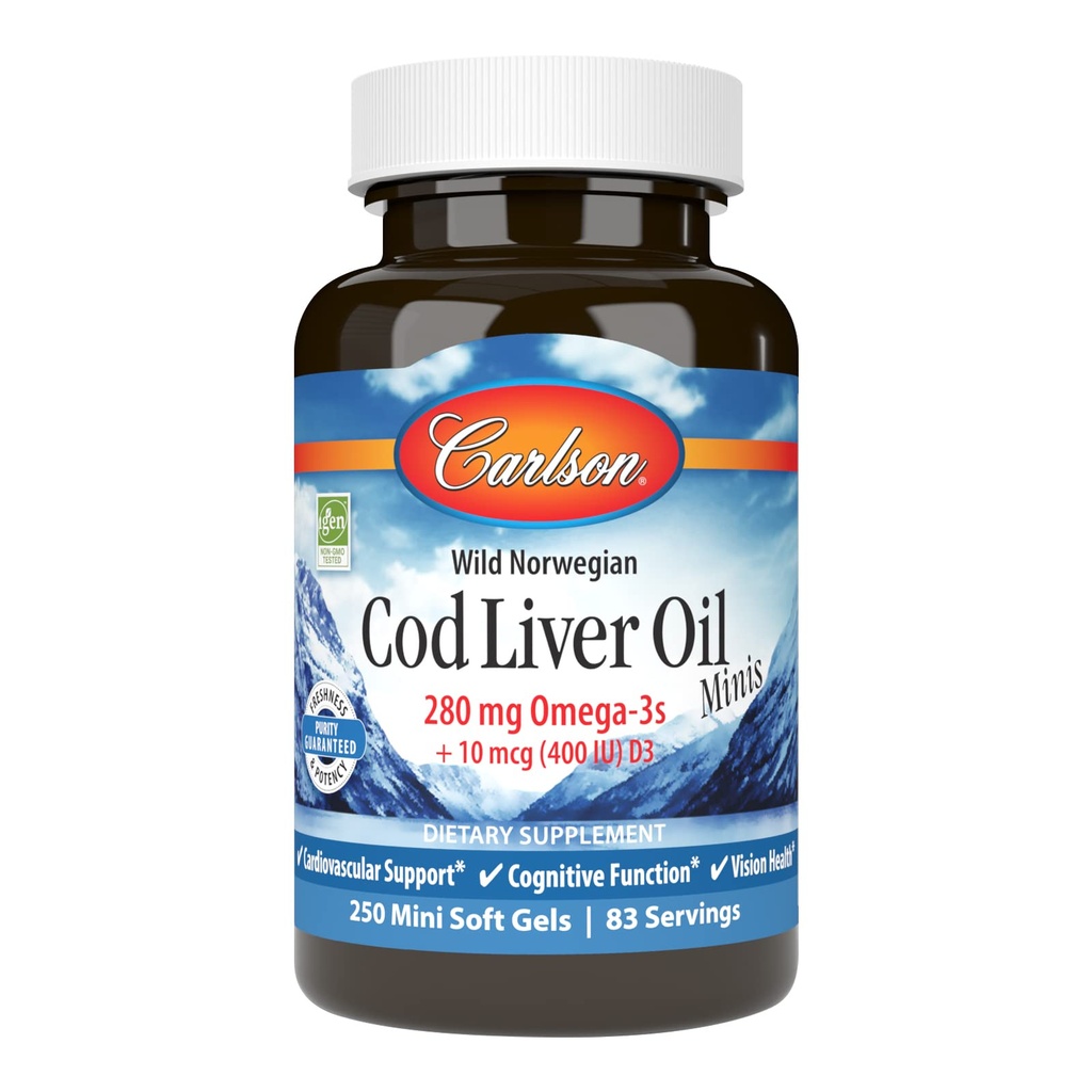 Carlson - 鳕鱼肝油迷你剂,280 mg Omega-3s + 维生素A & D3,心脏支持和认知功能,视觉健康,250 mini软宝石