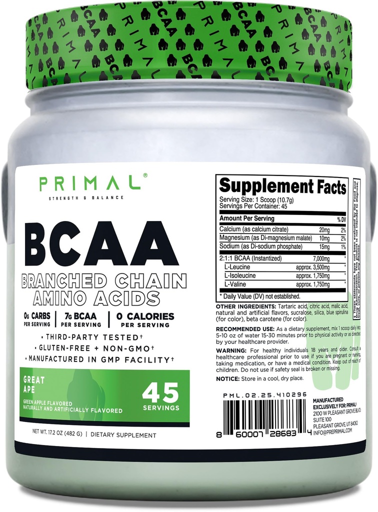 Primal BCAA 大猩猩(45 SERV)(绿色苹果火焰) - 0 g 碳化物, 0 卡罗里斯, 7g BCAA Pervice
