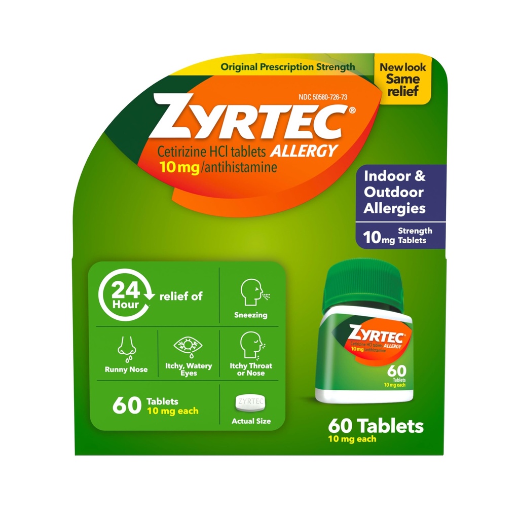 Zyrtec 24小时过敏药片,室内和室外过敏药片,每安非他明药片10毫克Cetirizine HCl,过敏药片的治疗,60计.