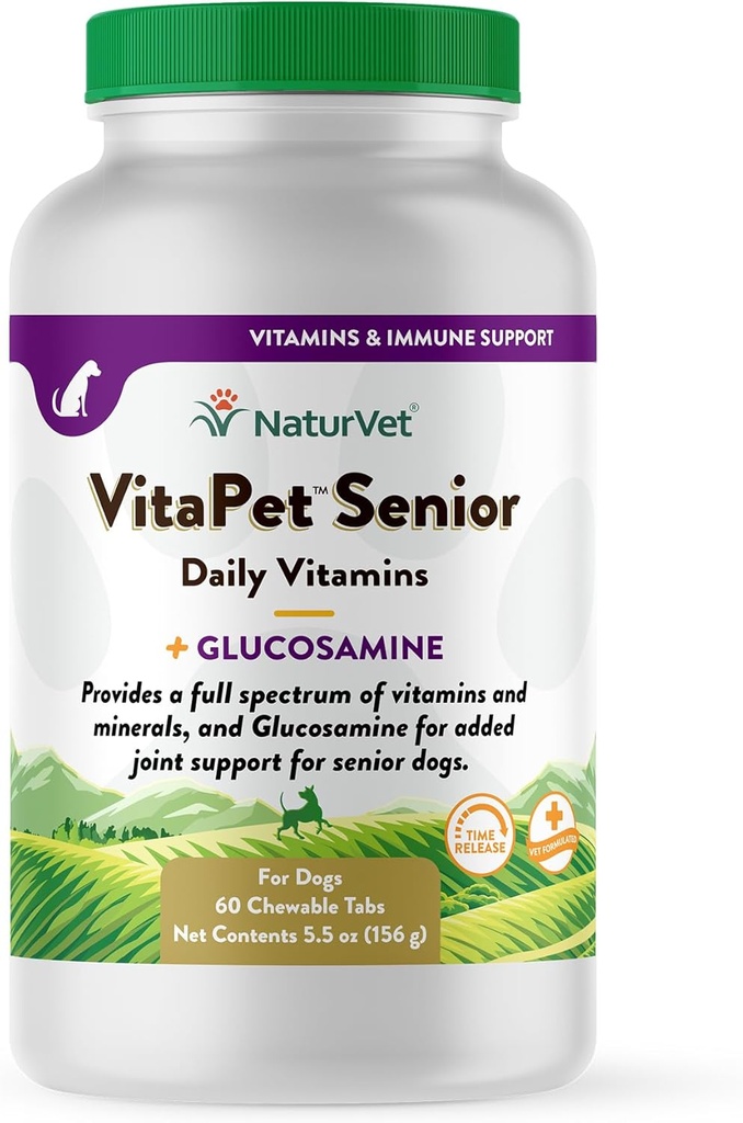 NaturVet – VitaPet 老年狗的高级日用维生素 – + Glucosamine – 维生素和矿物全谱 – 用Glucosamine增强加入联合支持 – 60 时间释放片