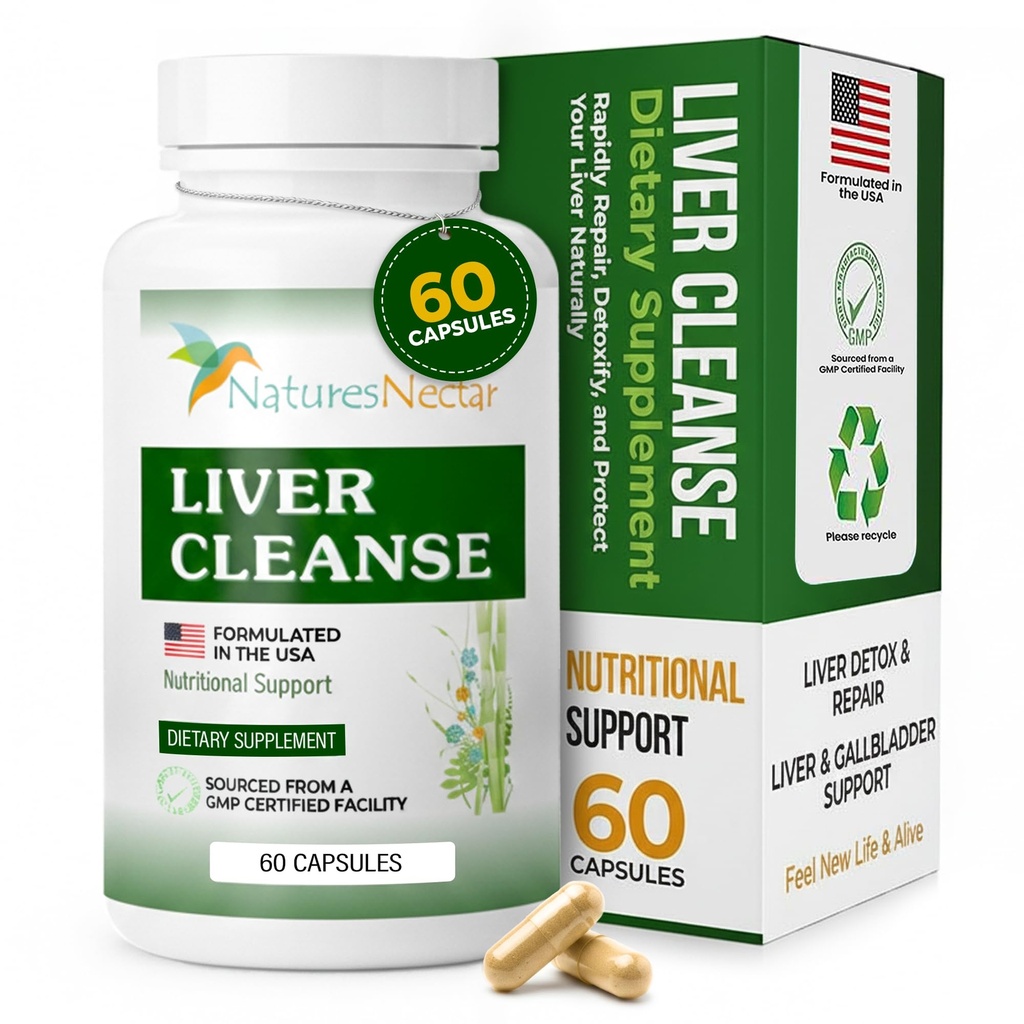 Nature's Nectar Liver Cleanse Detox & 修復 – 使用Milk Thetle Liver Detox – 帮助修理和保护liver,Aids Fatty Liver & Gallbladder 健康 – 60 Capsules – 活生生养支持补充