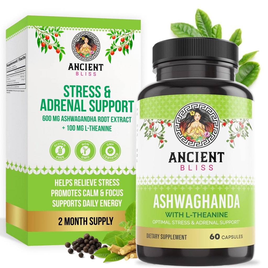 Ancient Bliss Ashwagandha,配有L-Thenine & Black Pepper Capsules, 能源和自然混合支持补编,成人重点补编
