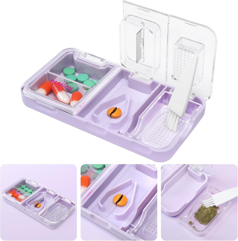Toplife Portable 3-in-1 Pill Cutter and Pill Grinder and Pill Holder, 精准易切,小大药丸的药用碾碎器, 老年人宠物的维生素片片,紫色