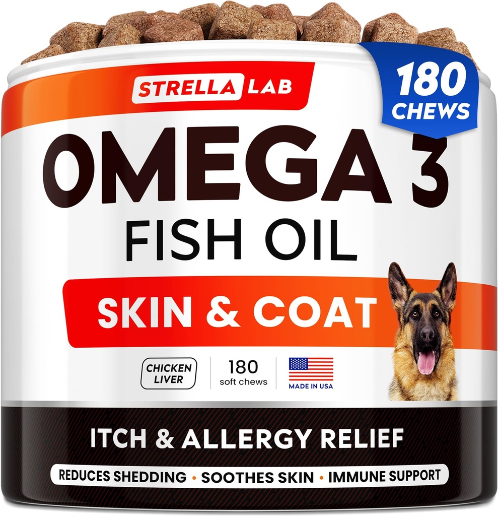 StrellaLab鱼油 Omega 3 对狗的治疗(180 treats) - 过敏和伊奇救济 - 皮肤和煤炭补充剂 - 联合保健 - 野生阿拉斯加沙门油 - 谢丁、伊奇皮肤救济 - Omega 3 6 9 - EPA和DHA