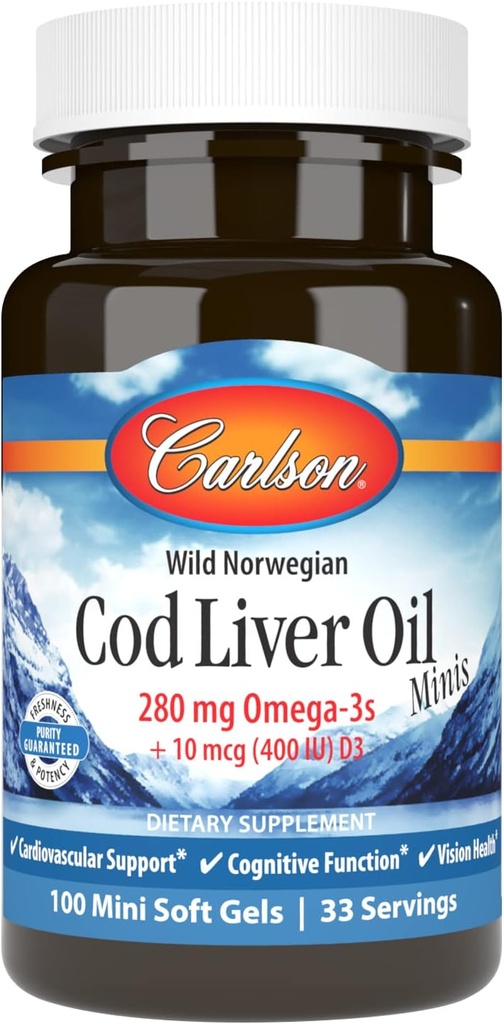 Carlson - Cod Liver Oil Minis,280 mg Omega-3s + 维生素A和D3,挪威,Wild Caught,可持续来源,100 mini软胶
