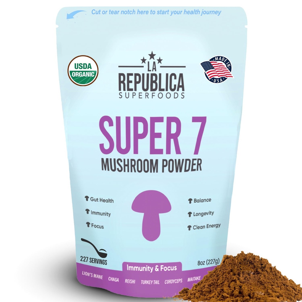 La Republica Super Food Super 7 Mushroom 提取粉末,包括狮子马恩、雷希、查加、科迪塞普斯、希竹、麦竹和土耳其泰尔(8 oz)