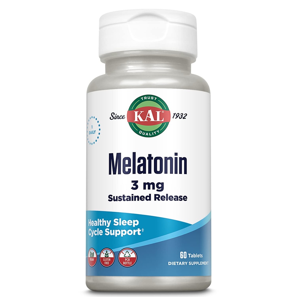 KAL Melatonin 3mg 持续放行睡眠援助,Melatonin 补充支持健康放松,平静的感受和适当的睡眠循环,w/add 维生素B6,Vegan,Gluten Free 60 Serve,60 片