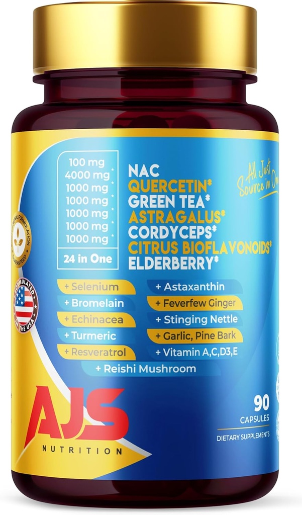 AJS Quercetin 4000mg 与 Nac 绿茶 Cordycepscirus 长老莓 Bremeline Echinacea Turmer Resveratrol Astaxanthin Feverfew Ginger Reishi 蘑菇 90 Cap 20 in 1