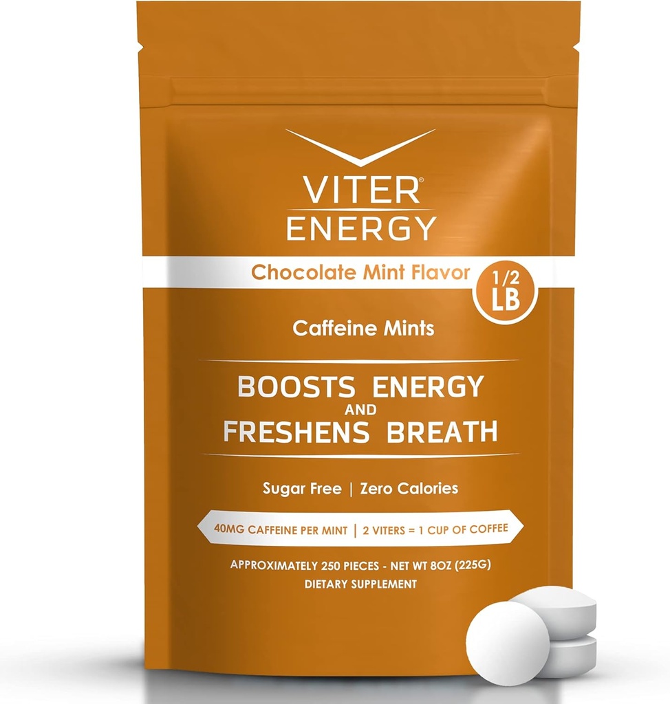 Viter Energy 40mg Cafeine Mints - 不含糖,B维生素,Vegan,Boosts 快速能量警报焦点,咖啡因诺热带补充药丸(Chocolat Mint Flavor, 8oz, Bulk Bag)