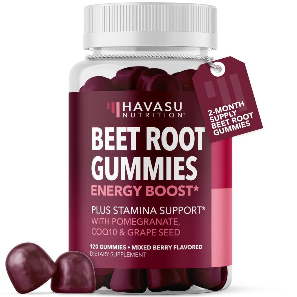 Beet Root Gummys配有COQ10 & Pomegranate - Nitric Oxide 男女配药 - Beetroot 耐力,性能,恢复 - Vegan, Non-GMO, Gluten Free - Mixed Berry Flavor, 120 Count