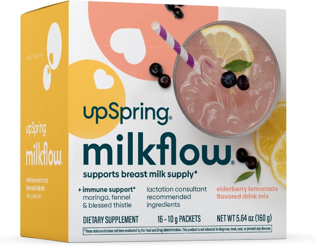 UpSpring Milkflow Immune 支持母乳喂养补充品 Drink Mix Fenugreek-Free, 莫林加 长老莓柠檬汁 Flavor, 支持母乳供应的哺乳补充品, 16 Mixes