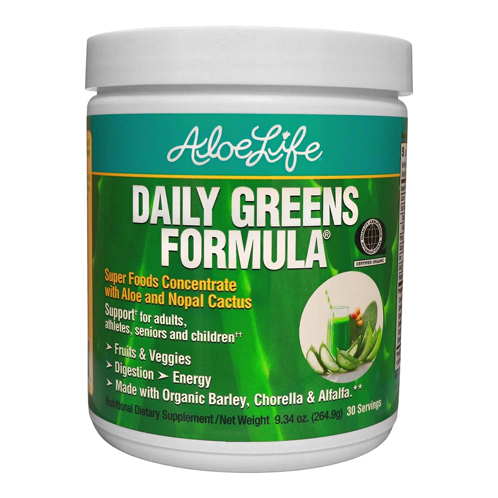 Aloe Life - Daily Greens Powder,QAI认证的有机健康补充剂,抗氧化剂,21种水果,Veggies, & herbs 包括Aloe & Nopal Cactus,低卡路里,Keto-Friendly,Gluten-Free(30种服务)