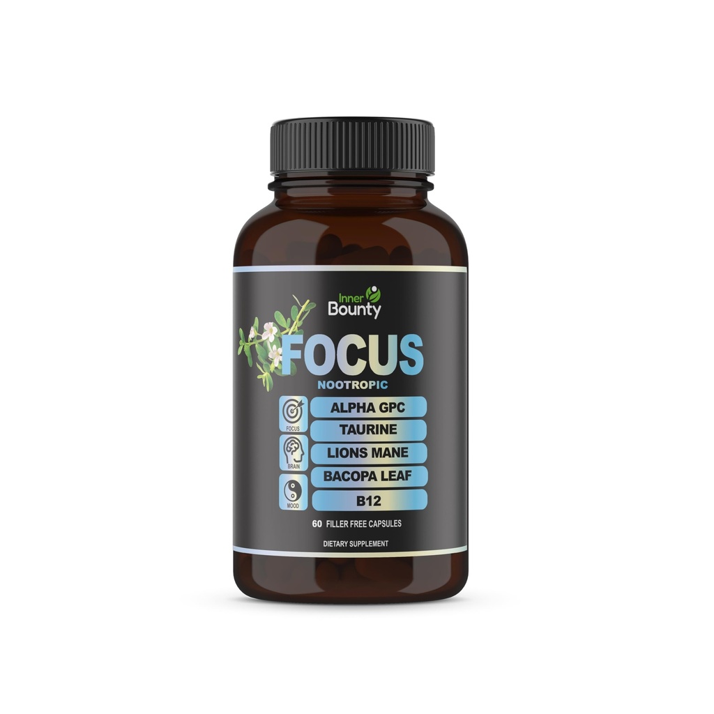 Focus 14-in-1 Notropic Brain Supplement with Lions Mane, Alpha GPC Choline, Vitamin C & B12, Taurine, Bacopa - 能量,认知,记忆支持, 60 填充器 Free Capsules