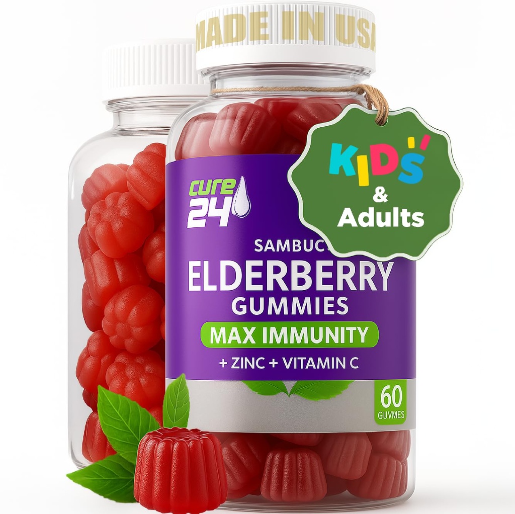 Sambucus Elderberry Gummys + 维生素C + 儿童与成年人的锌,X3 免疫支持,天然火焰+成份,Vegan,非GMO,美国制造(60)