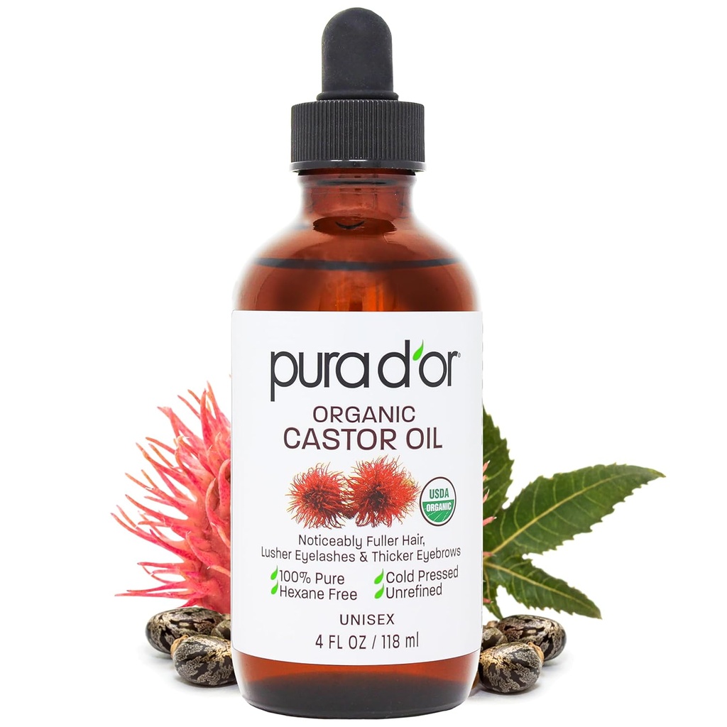 PURA D'OR 4 Oz OrGANIC Castor Oil - 100%纯美USDA 认证冷压,六烷自由眉毛和眉毛血清 - Fuller, Thicker Lashes & Brows - 皮肤和头发