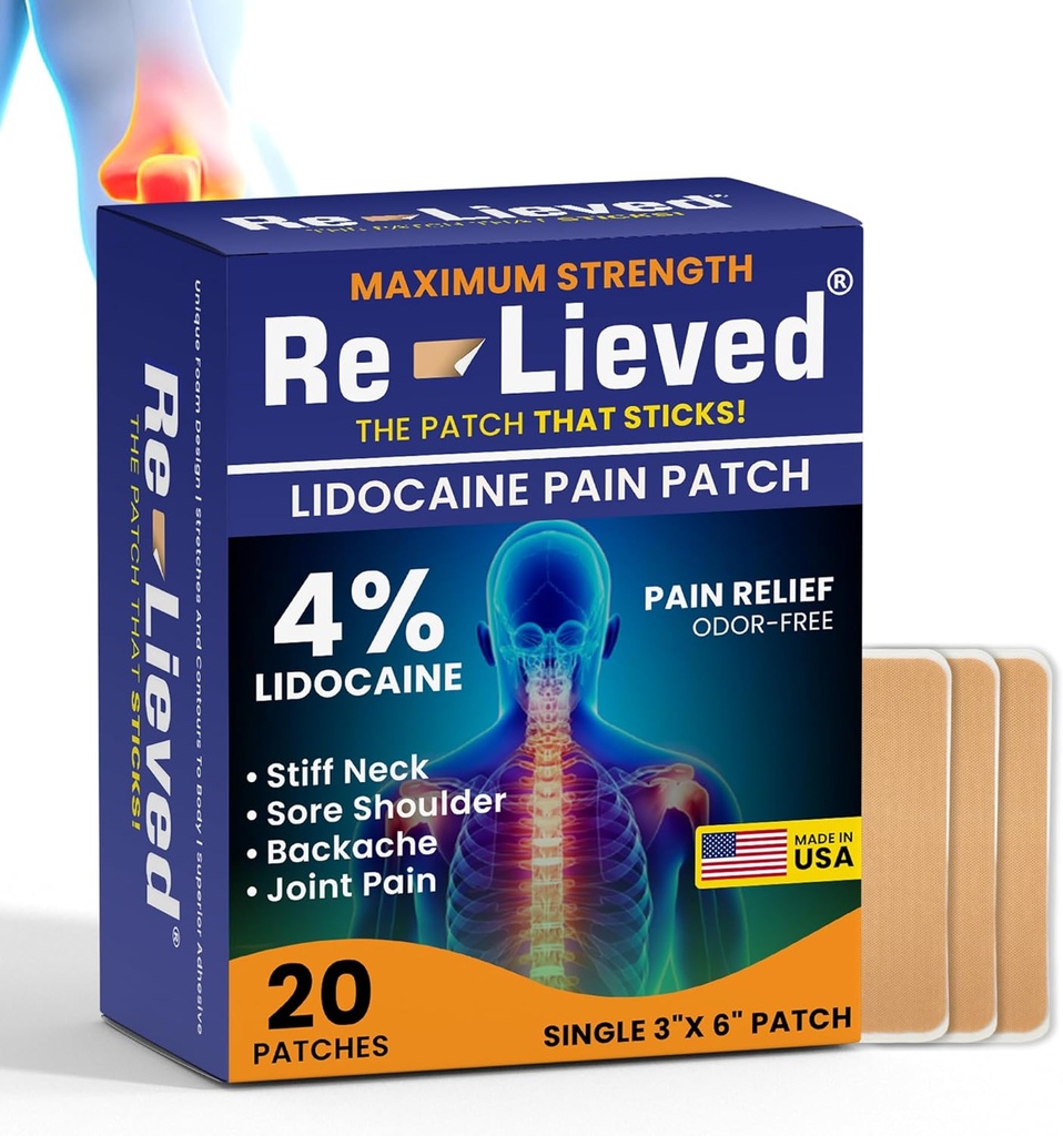 Re-Lieved 4% Lidocaine 补丁 最大强度 - 无铝,水阻力和美国制造 - 超级粘性止痛补丁 快速释放回,关节和肌肉疼痛-3x6英寸(20个计数)