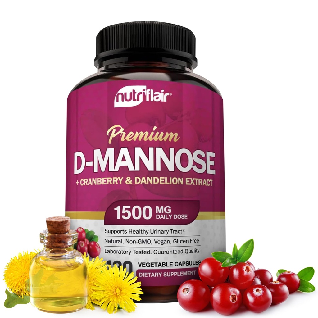 NutriFlair D-Mannose 1200mg, 120 Capsules - 配有 Cranberry 和 Dandelion 提取 - 天然尿道切除 健康 UTI 支持 - 最佳 D Mannose Powder - 女性和男性 Flush 缺氧,排毒体