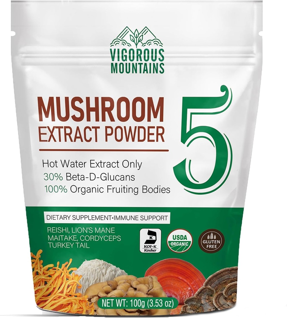 VIGOROUS MoUNPAS 有机蘑菇粉补充剂 - USDA认证,Lions Mane & Reishi 用于免疫支持,脑聚焦,Vegan,Mixes 即时咖啡和软糖(100g)