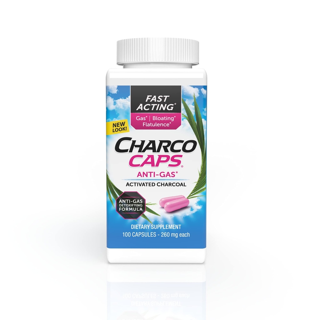 Charcocaps 快速代理气体减量促进布洛特和平坦,药物无毒活性炭粉配方,100 Capsules,30天供应,粉红色