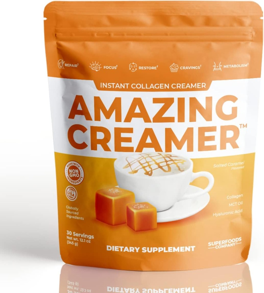 超级食品公司 奇异奶油加Collagen-Keto Creamer-Hyaluronic Acid & MCT Oil - Brain Boost & Curbs Cravings - 支持健康皮肤和头发 - 健怡 [30 services] [盐焦糖]