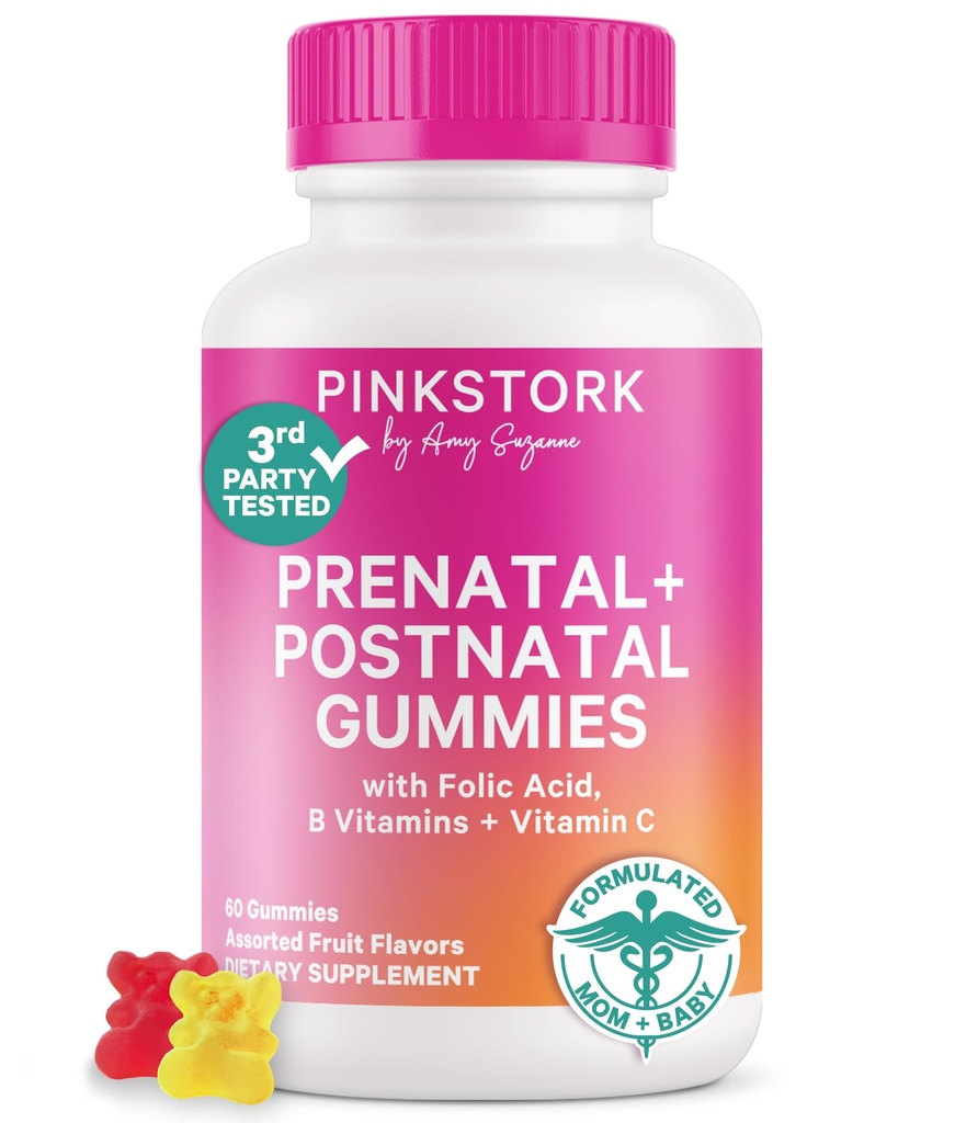 粉色斯托克生育率+产前+产后 Gummy Vitamins – 完整的母亲旅程支持 – 多维他命加福拉特, B 维生素, 锌和比奥丁 – 60种水果果汁