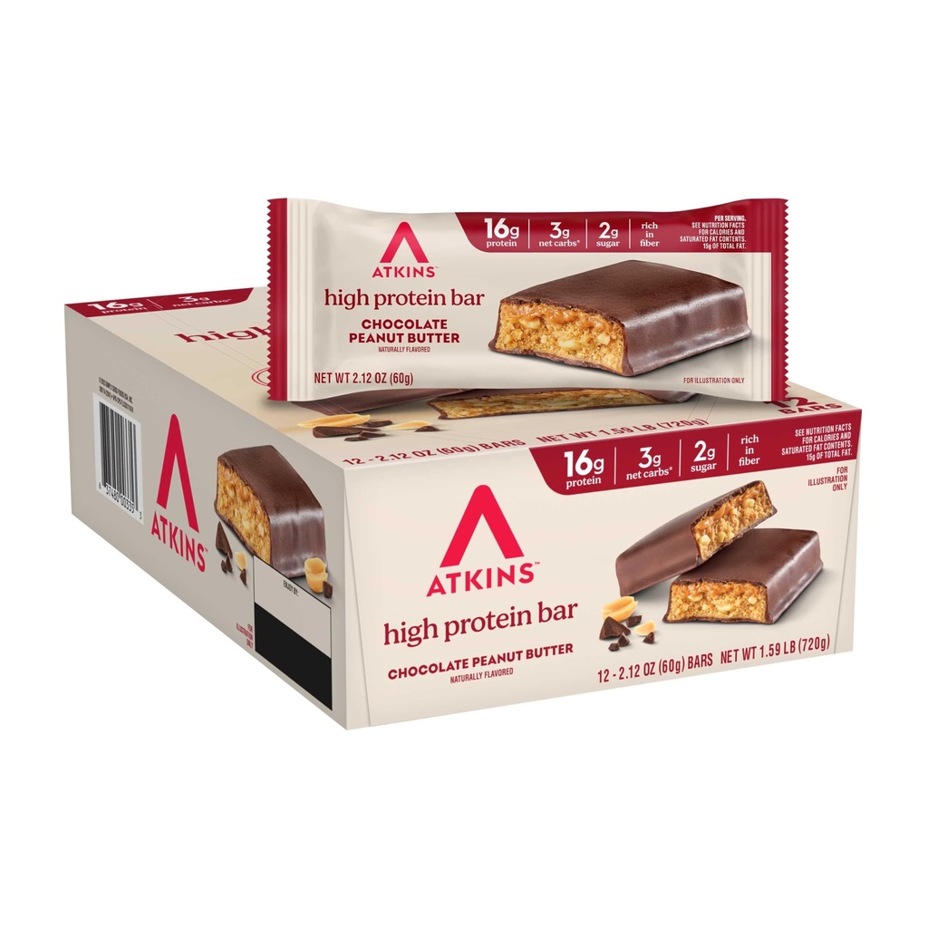 Atkins 巧克力花生酱蛋白蛋白肉条,高纤维,16g蛋白,低糖,3g Net Carb, 低碳, Keto 友好, 12 Counter