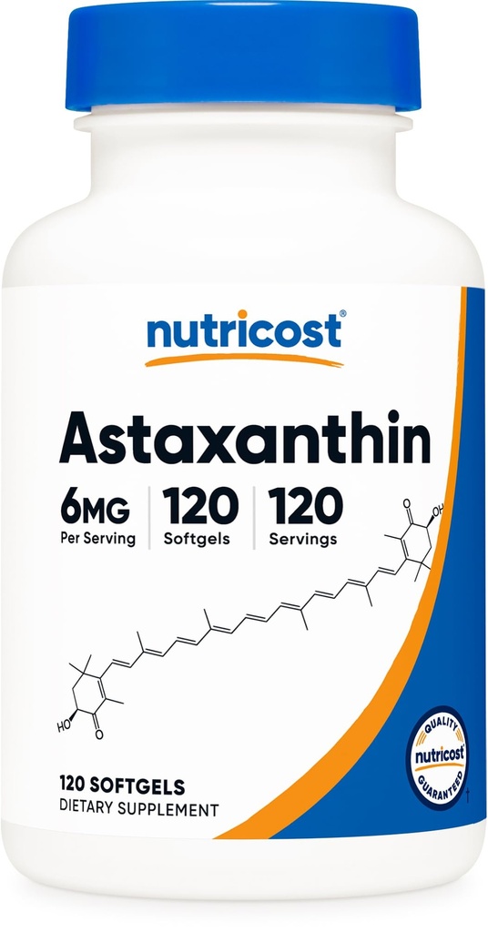 营养成本 Astaxanthin 6mg, Non-GMO 和 Gluten Free, 120 Softgels (4个月供应)
