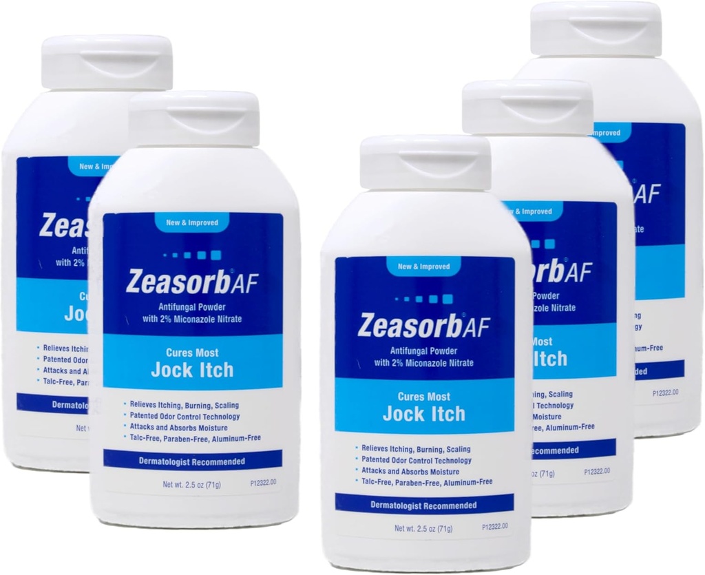 Zeasorb AF 抗风粉,含2% Miconazole Nitrate, Cures Most Jock Itch, 2.5 oz (Pack of 5)