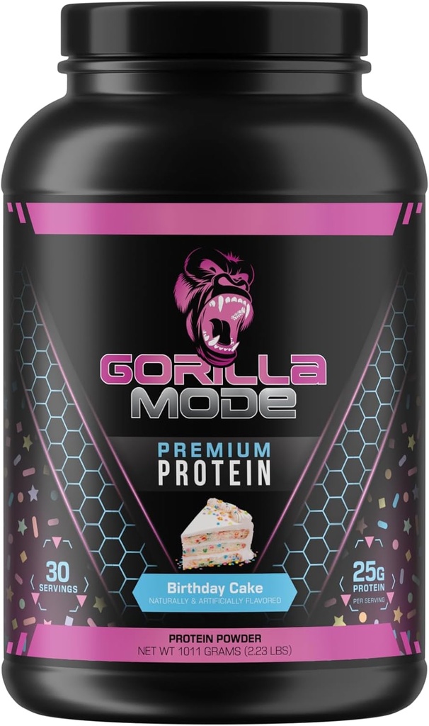 Gorilla Mind Premium Whei蛋白 - 生日蛋糕,25格姆的Whei蛋白隔离和集中,恢复和构建肌肉(30架)