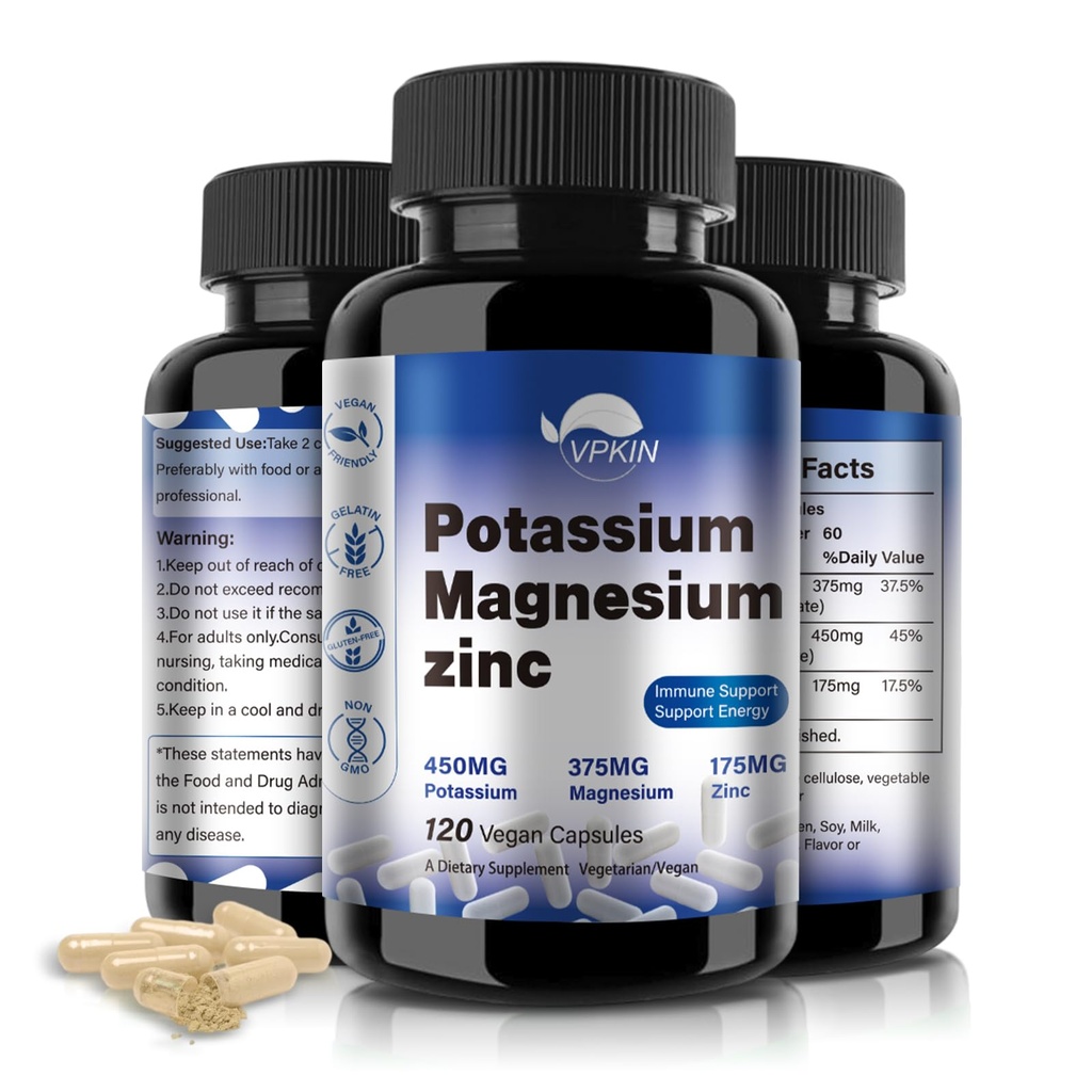 镁钾补充1000mg, 锌镁钾 氨酸辅酶 骨,心,肌肉和神经健康,Non-GMO, Vegan, (120 Capsules)