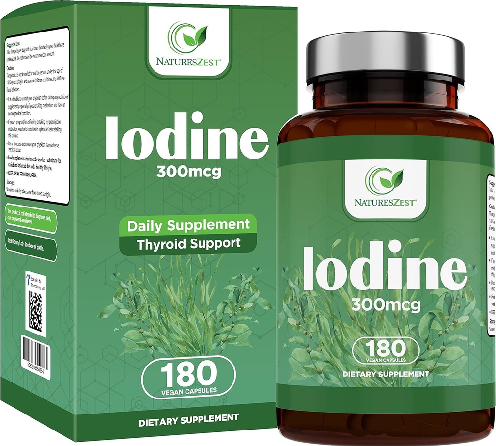 碘补充剂 - 180 Caps,180-Day-Supply – 甲状腺素支持补充剂 – 300mcg 纯碘每Capsule – 甲状腺素配方,用于普通甲状腺素功能 – 碘化钾 – Vegan碘补充剂