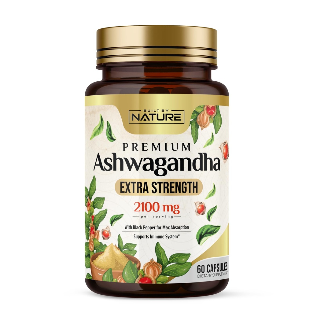 由大自然Ashwagandha 2100mg 超强压力救济和混合支持公司为Max Absorption-Non-GMO、Vegan、Gluten-Free-60 Capsules建造