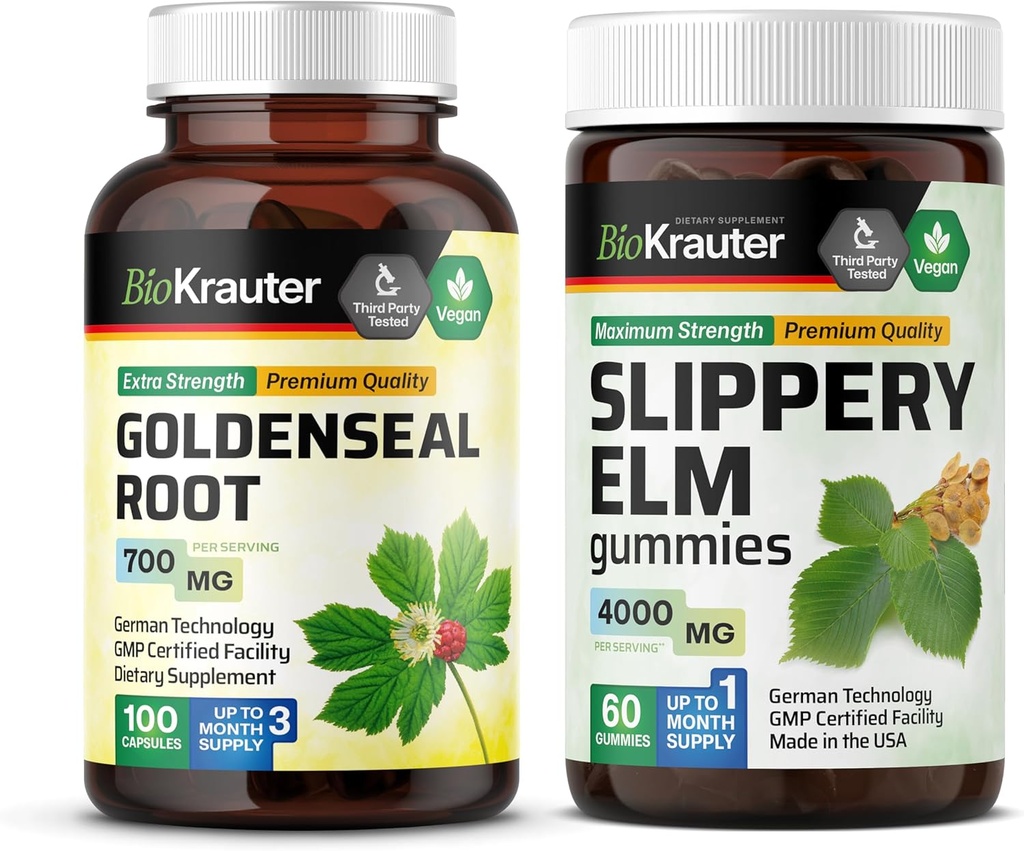 BIO KRAUTER Goldenseal 100 Capsules & Slippery Elm 60 Gummys (英语).